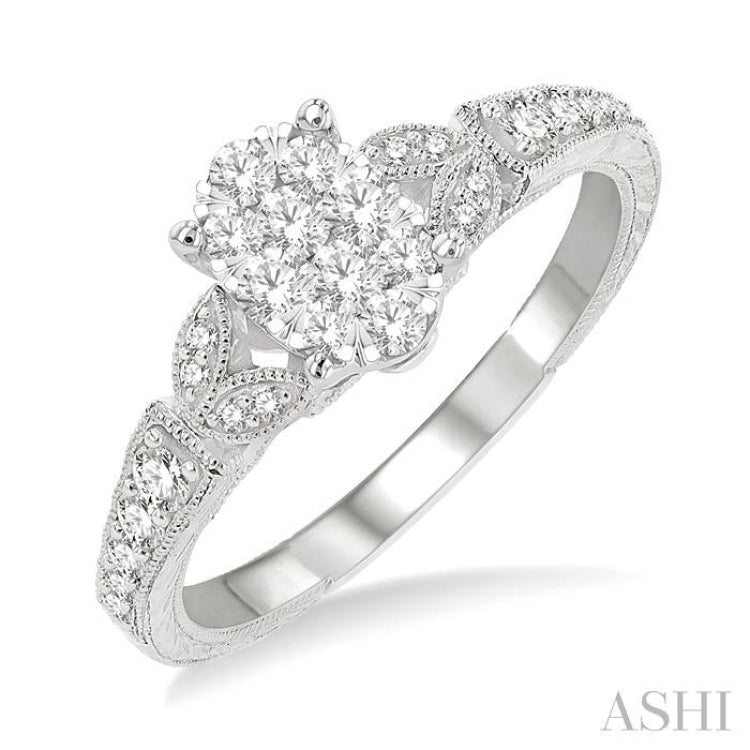 1/2 Ctw Oval Shape Leaf Carved Shank Lovebright Round Cut Diamond Engagement Ring in 14K White Gold