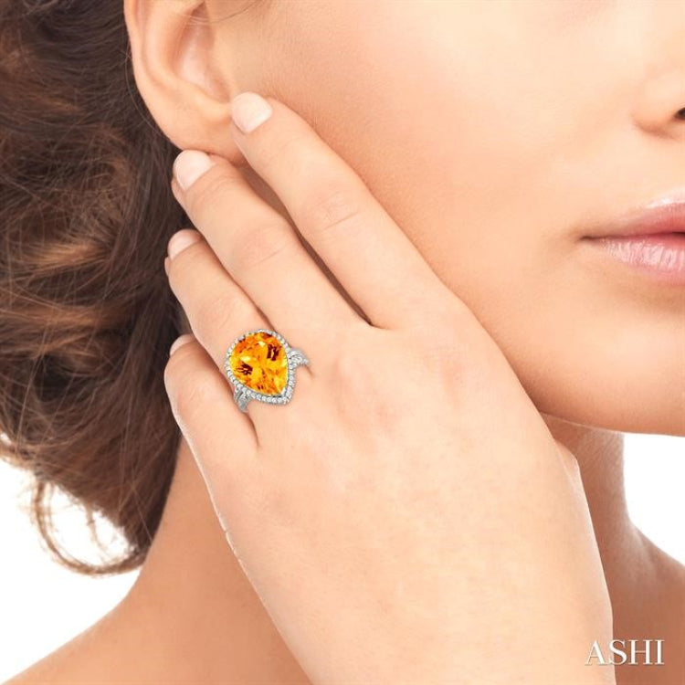 16x13 MM Pear Shape Citrine and 1/3 Ctw Round Cut Diamond Semi-Precious Ring in 14K White Gold