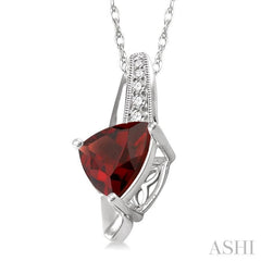 8x8 MM Trillion Cut Garnet and 1/20 Ctw Round Cut Diamond Pendant in 10K White Gold with Chain