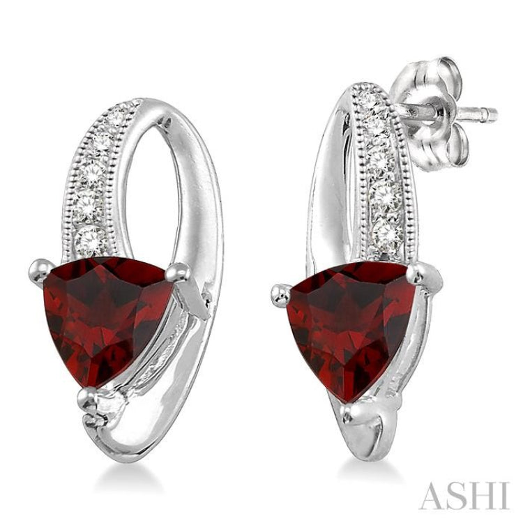 6x6 MM Trillion Cut Garnet and 1/20 Ctw Round Cut Diamond Earrings in 10K White Gold