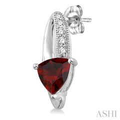 6x6 MM Trillion Cut Garnet and 1/20 Ctw Round Cut Diamond Earrings in 10K White Gold