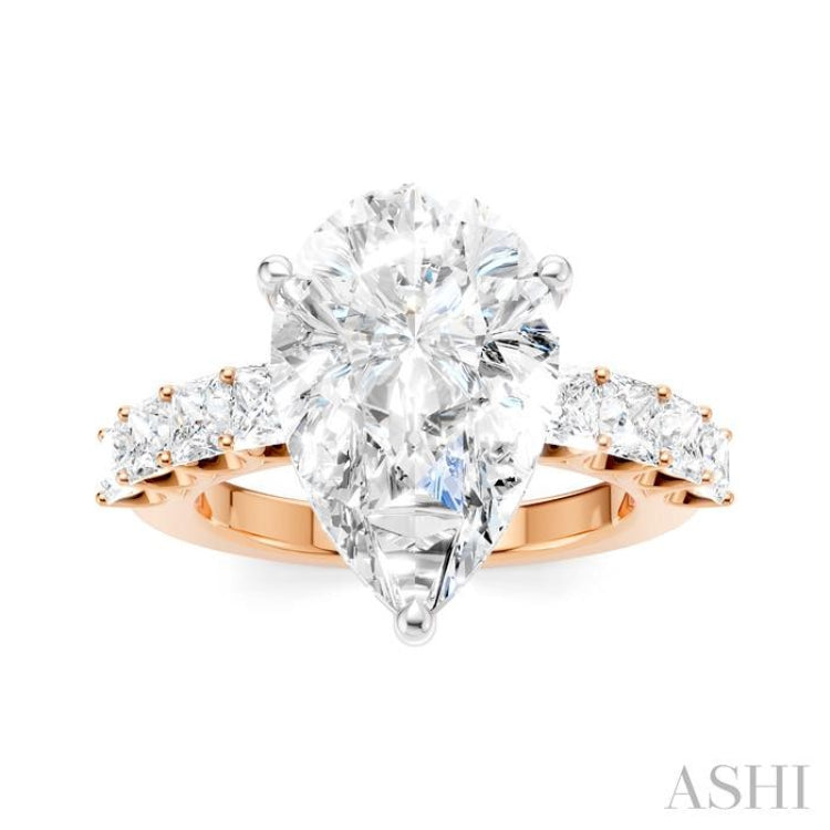 1 1/3 Ctw Pear Shape Princess and Round Cut Diamond Semi-Mount Engagement Ring in 14K Rose and White Gold