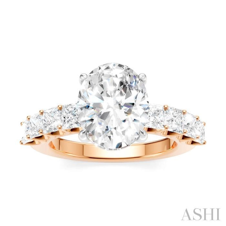 1 1/3 Ctw Oval Shape Princess and Round Cut Diamond Semi-Mount Engagement Ring in 14K Rose and White Gold