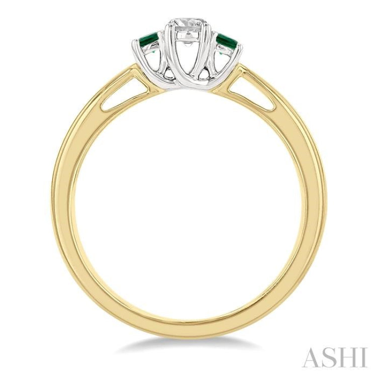 2.15 MM Round Shape Emerald and 1/6 Ctw Past Present and Future Round Cut Diamond Precious Ring in 14K Yellow and White Gold