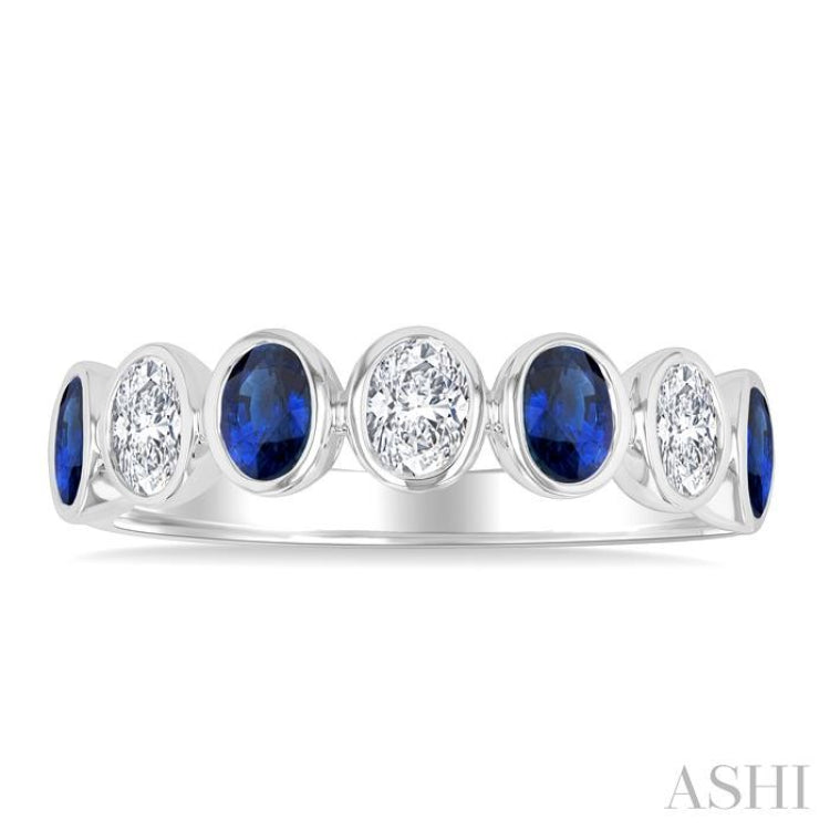 4X3 MM Oval Shape Sapphire and 1/2 Ctw Oval Cut Diamond 7 Stone Bezel Set Precious Fashion Band in 14K White Gold