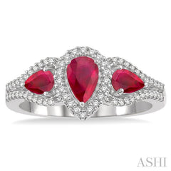6X4 MM & 5X3 MM Triple Pear Shape Ruby and 1/5 Ctw Round Cut Diamond Precious Past Present and Future Ring in 10K White Gold