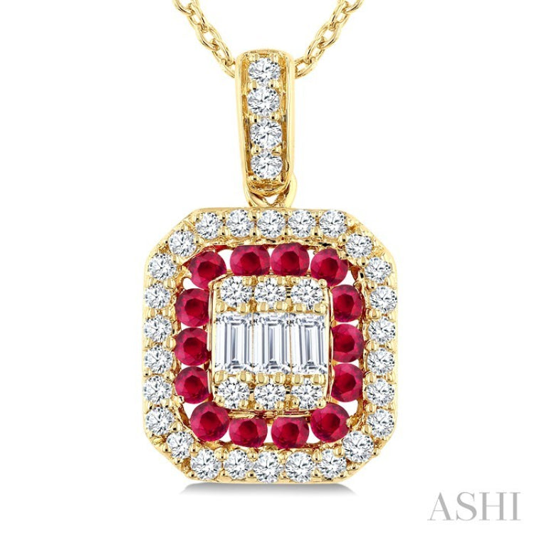 1/4 Ctw Octagonal Shape 1.45MM Ruby, Baguette and Round Cut Diamond Precious Fusion Pendant With Chain in 14K Yellow Gold