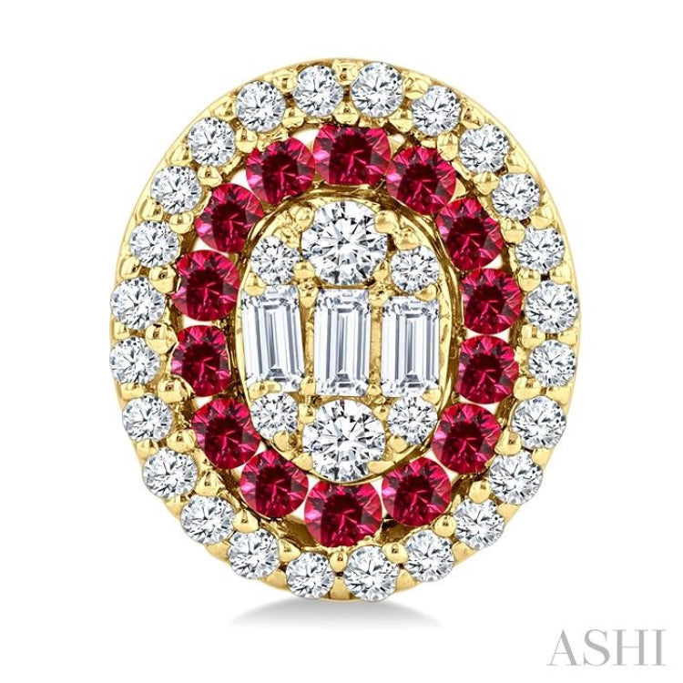 1/3 Ctw Oval Shape 1.35MM Ruby, Baguette and Round Cut Diamond Fusion Precious Fashion Stud Earrings in 14K Yellow Gold