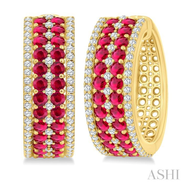 3/4 Ctw 2.00MM Round Cut Ruby and Round Cut Diamond Precious Hoop Earrings in 14K Yellow Gold