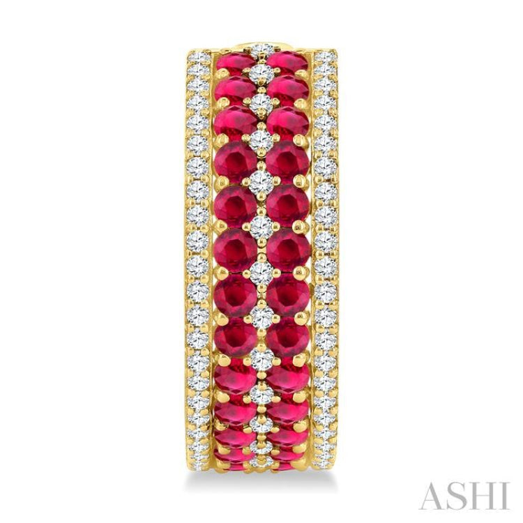 3/4 Ctw 2.00MM Round Cut Ruby and Round Cut Diamond Precious Hoop Earrings in 14K Yellow Gold