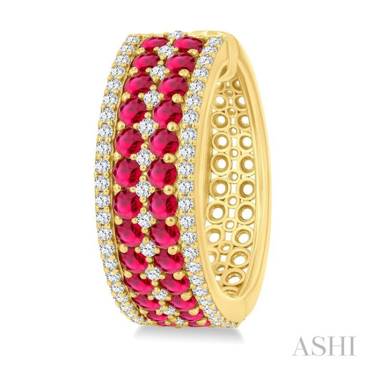 3/4 Ctw 2.00MM Round Cut Ruby and Round Cut Diamond Precious Hoop Earrings in 14K Yellow Gold