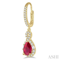 6x4 MM Pear Cut Ruby and 1/2 Ctw Round Cut Diamond Precious Earrings in 14K Yellow Gold