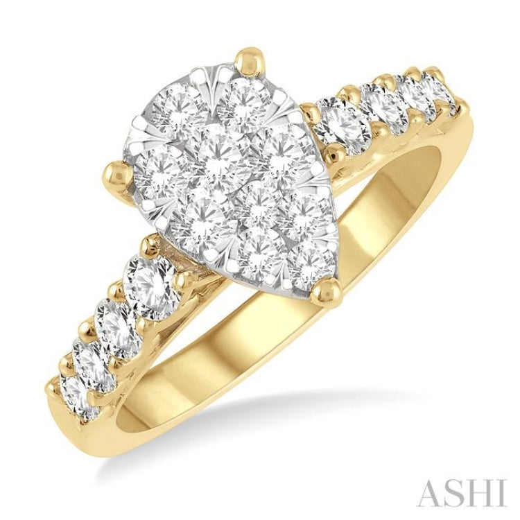 1 Ctw Pear Shape Lovebright Round Cut Diamond Engagement Ring in 14K Yellow and White gold