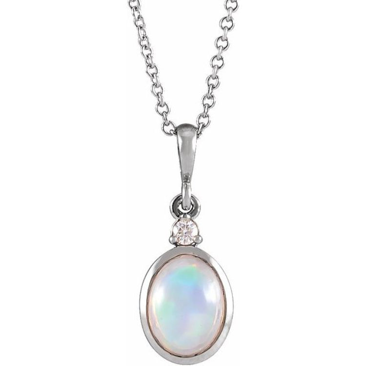 Sterling Silver 6x4 mm Natural Ethiopian Opal & .015 CT Natural Diamond 16-18" Necklace