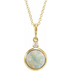 14K Yellow Gold 8 mm Natural White Opal & .03 CT Natural Diamond Cabochon 16-18" Necklace