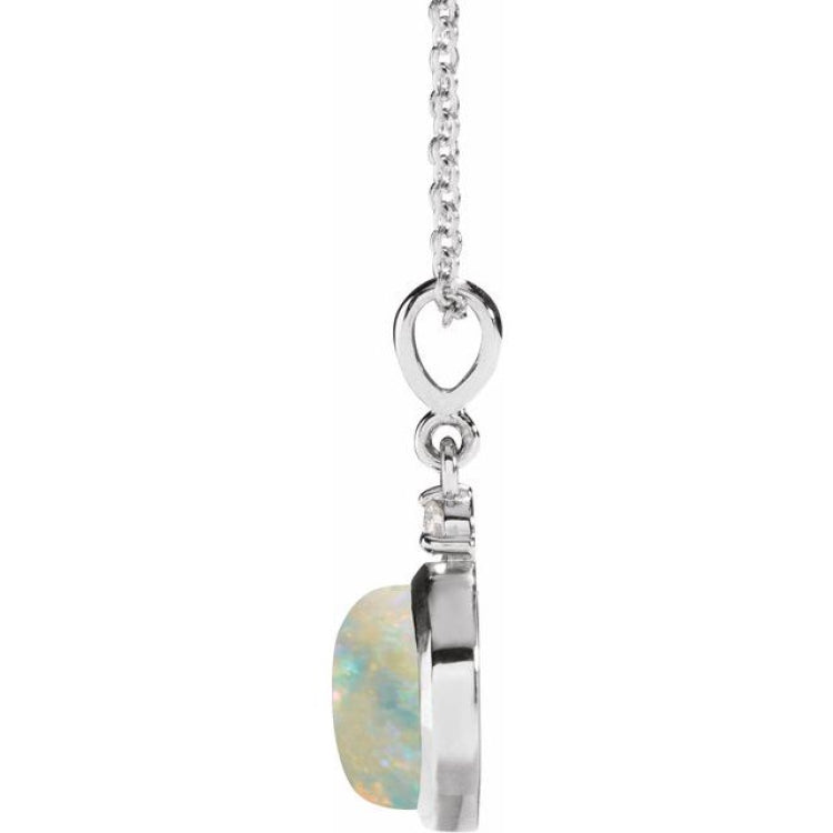 14K White Gold 8 mm Natural White Opal & .03 CT Natural Diamond Cabochon 16-18" Necklace