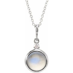 Platinum 8 mm Natural Rainbow Moonstone & .03 CT Natural Diamond Cabochon 16-18" Necklace