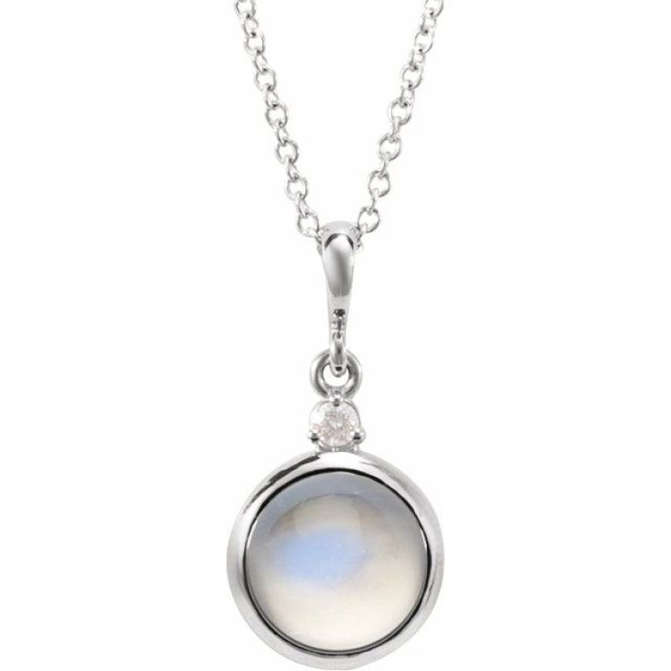 Platinum 6 mm Natural Rainbow Moonstone & .03 CT Natural Diamond Cabochon 16-18" Necklace