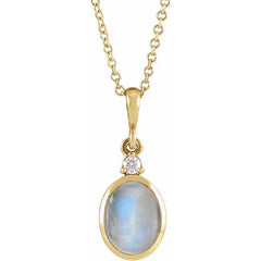 14K Yellow Gold 6 mm Natural Rainbow Moonstone & .03 CT Natural Diamond Cabochon 16-18" Necklace