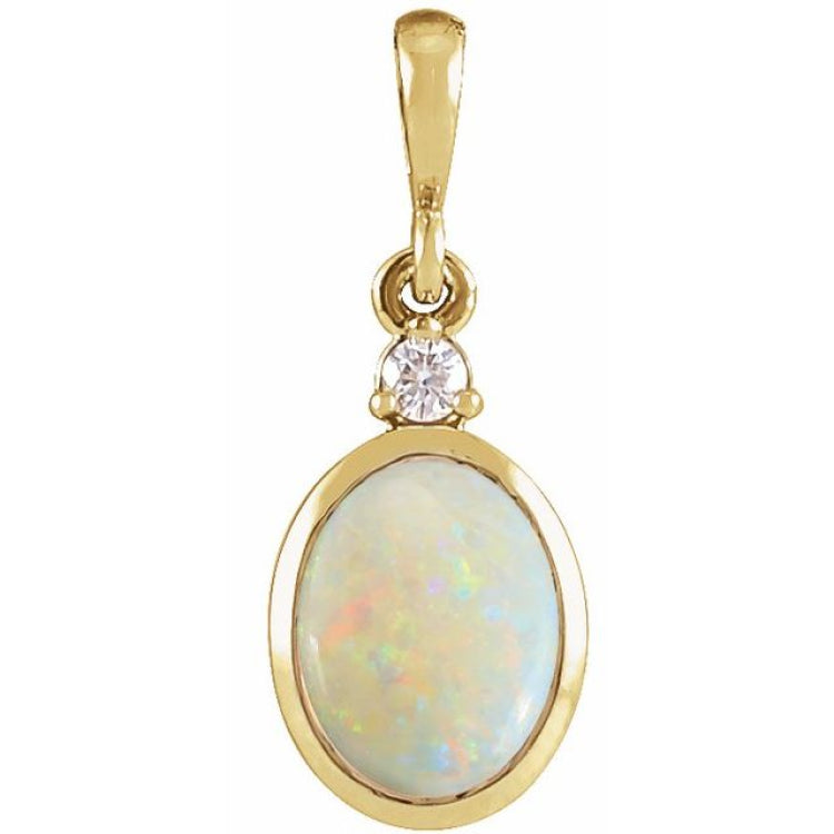 14K Yellow Gold 9x7 mm Natural White Opal & .03 CT Natural Diamond Cabochon Pendant