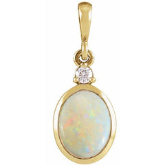 14K Yellow Gold 9x7 mm Natural White Opal & .03 CT Natural Diamond Cabochon Pendant