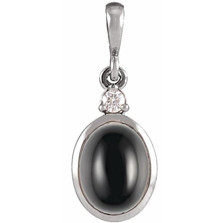14K White Gold 5x3 mm Natural Black Onyx & .02 CT Natural Diamond Cabochon Pendant