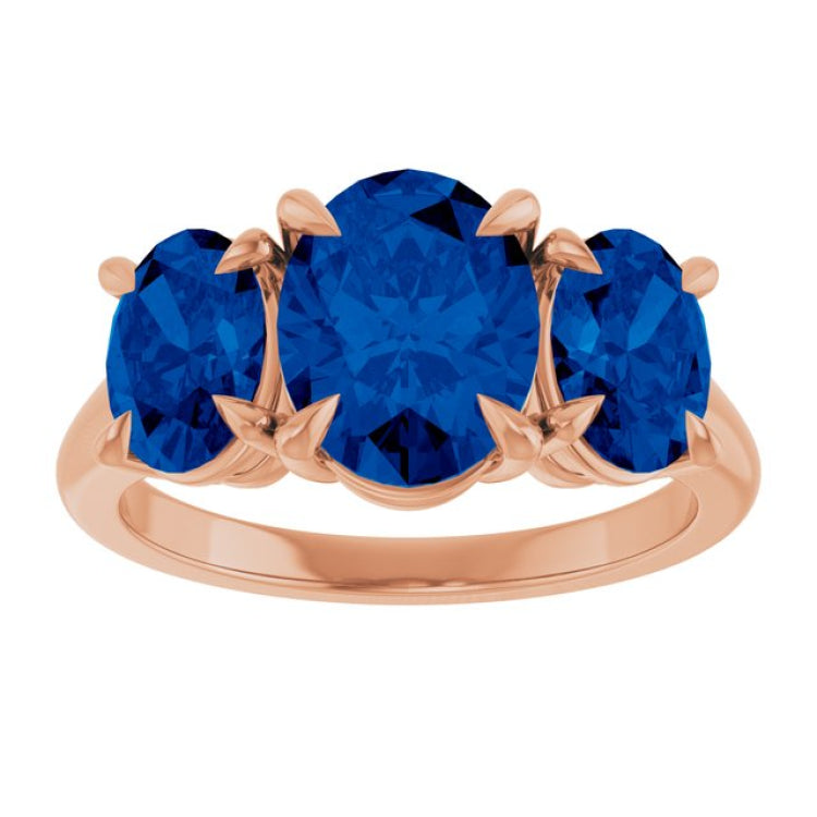 14K Rose Gold 9x7 mm Oval Lab-Grown Blue Sapphire Three-Stone Ring