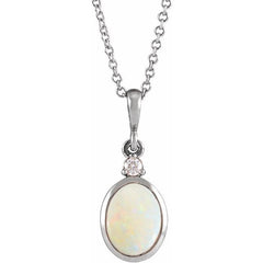 14K White Gold 12x10 mm Natural White Opal & .03 CT Natural Diamond 16-18" Necklace