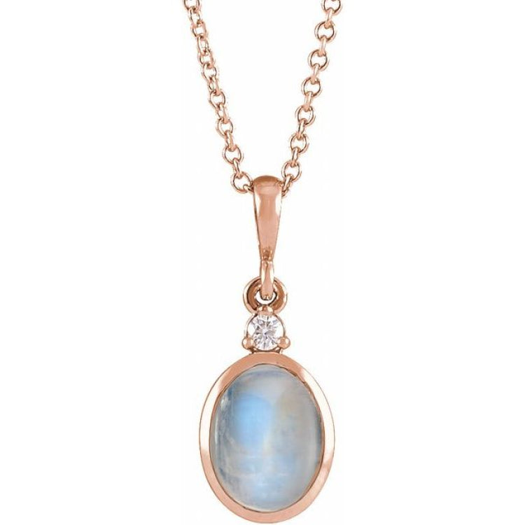14K Rose Gold 10x8 mm Natural Rainbow Moonstone & .03 CT Natural Diamond 16-18" Necklace