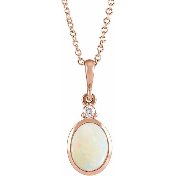 14K Rose Gold 10x8 mm Natural White Opal & .03 CT Natural Diamond 16-18" Necklace