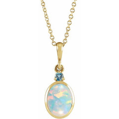 14K Yellow Gold 6x4 mm Lab-Grown White Opal & Natural London Blue Topaz 16-18" Necklace