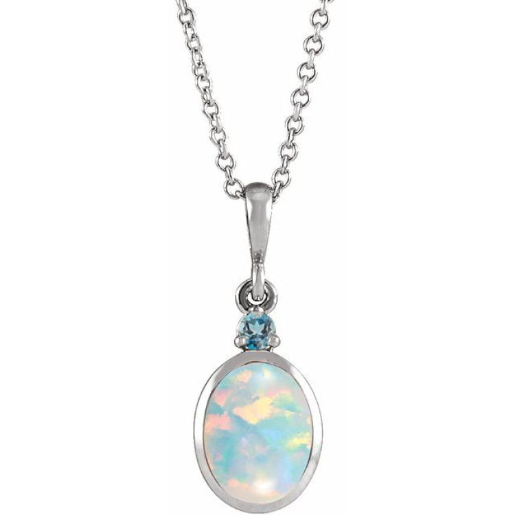 Platinum 6x4 mm Lab-Grown White Opal & Natural London Blue Topaz 16-18" Necklace