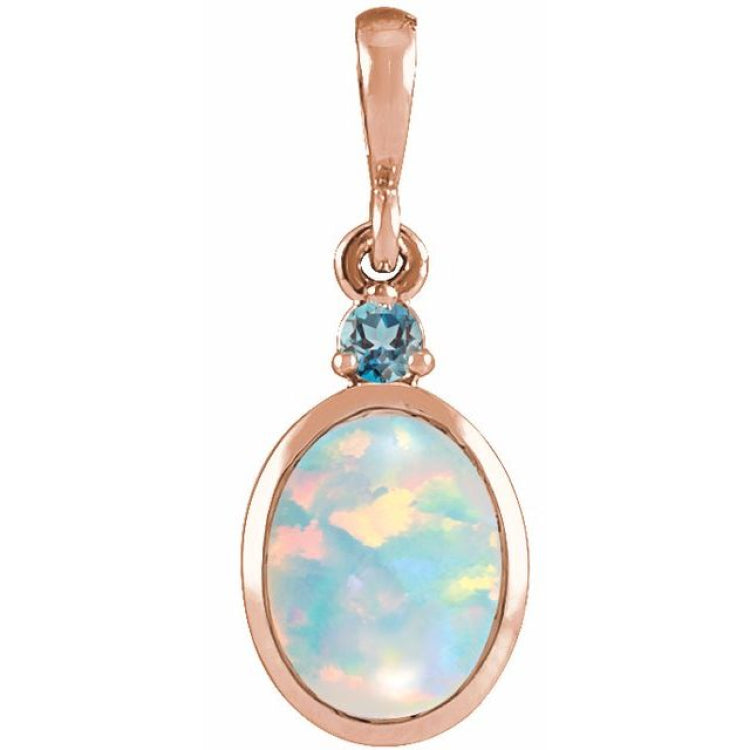 14K Rose Gold 5x3 mm Lab-Grown White Opal & Natural London Blue Topaz Pendant