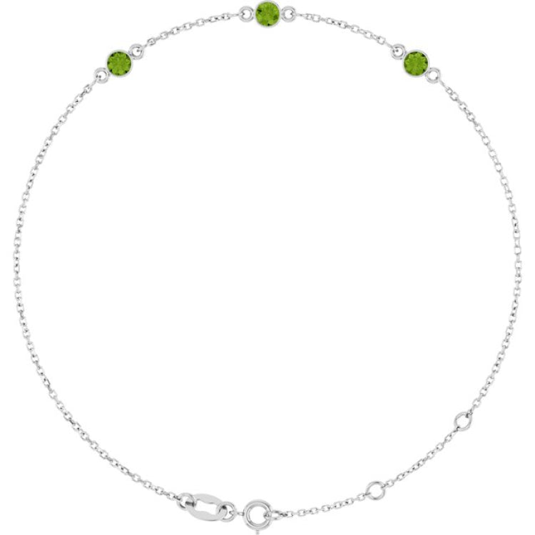 14K White Gold Natural Peridot Bezel-Set 3-Stone 6 1/2-7 1/2" Bracelet