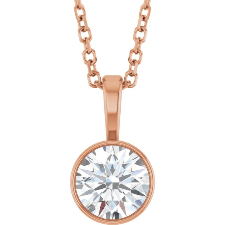 14K Rose Gold 5/8 CT Natural Diamond Bezel-Set Solitaire 16-18" Necklace