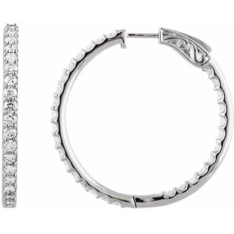 14K White Gold 3 CTW Natural Diamond Inside-Outside 34.5 mm Hinged Hoop Earrings