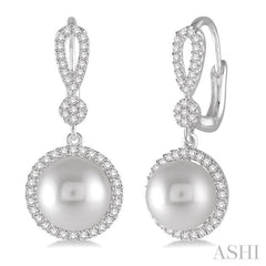 8 MM Cultured Pearls and 1/3 Ctw Round Cut Diamond Earrings in 14K White Gold