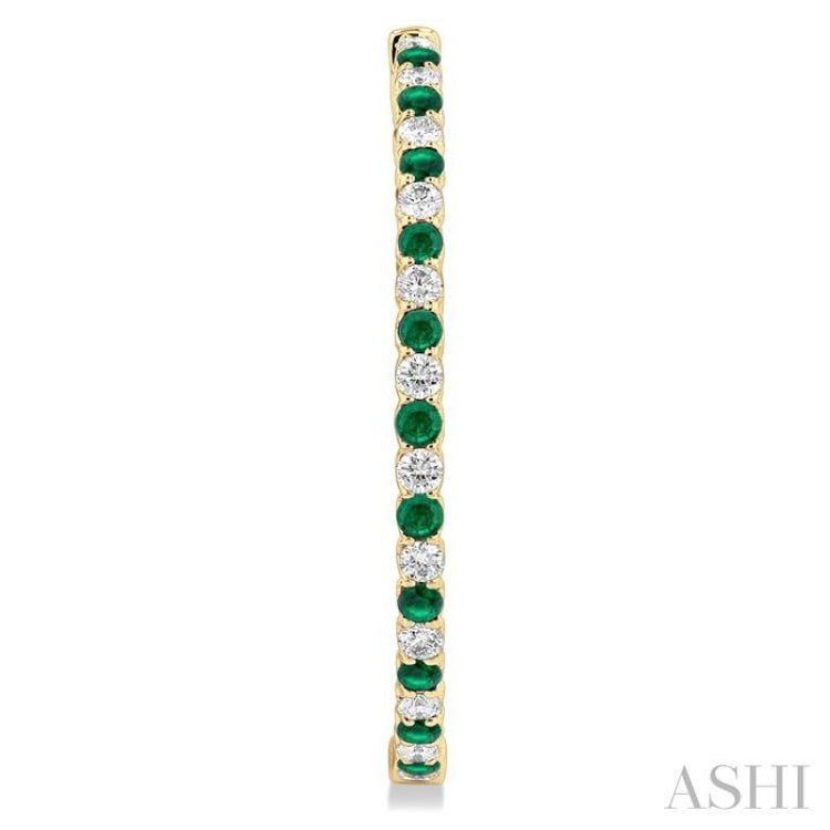2.5 MM Round Cut Emerald and 2 1/2 Ctw Round Cut Diamond Precious Inside-Out Alternating Hoop Earrings in 14K Yellow Gold