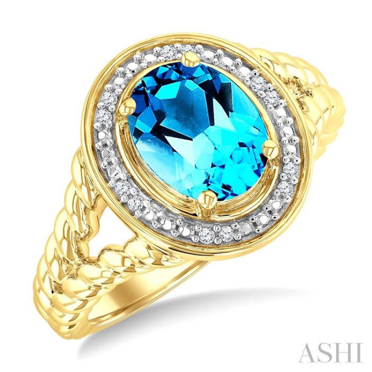 9X7 MM Oval Shape Blue Topaz and 1/20 Ctw Round Cut Diamond Semi-Precious Rings in Yellow Gold Vermeil