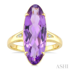 22X8 MM Evoque Gemstones Oval Shape Amethyst and 1/50 Ctw Round Cut Diamond Semi-Precious Ring in 14K Yellow Gold