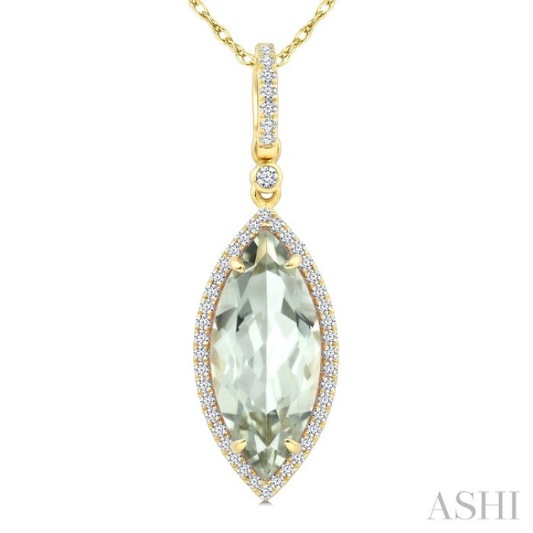 16X7 MM Evoque Gemstone Marquise Shape Green Amethyst and 1/5 Ctw Round Cut Diamond Semi-Precious Pendant With Chain in 10K Yellow Gold