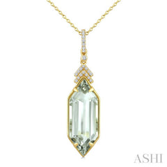 22X8 MM Evoque Gemstone Hexagon Shape Green Amethyst and 1/10 Ctw Round Cut Diamond Semi-Precious Pendant With Chain in 14K Yellow Gold