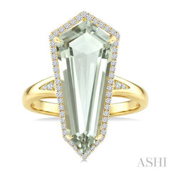 22X9 MM Evoque Gemstone Shield Shape Green Amethyst and 1/4 Ctw Round Cut Diamond Semi-Precious Ring in 14K Yellow Gold