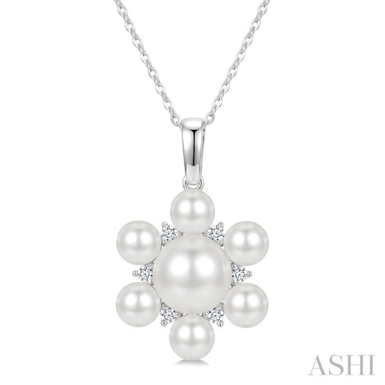 4MM & 7MM White Cultured Pearl and 1/10 Ctw Floral Round Cut Diamond Fashion Pendant With Chain in 10K White Gold