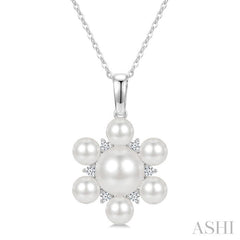 4MM & 7MM White Cultured Pearl and 1/10 Ctw Floral Round Cut Diamond Fashion Pendant With Chain in 10K White Gold