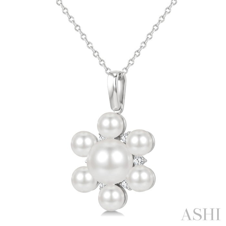 4MM & 7MM White Cultured Pearl and 1/10 Ctw Floral Round Cut Diamond Fashion Pendant With Chain in 10K White Gold
