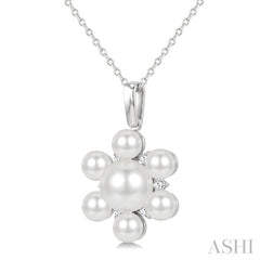 4MM & 7MM White Cultured Pearl and 1/10 Ctw Floral Round Cut Diamond Fashion Pendant With Chain in 10K White Gold
