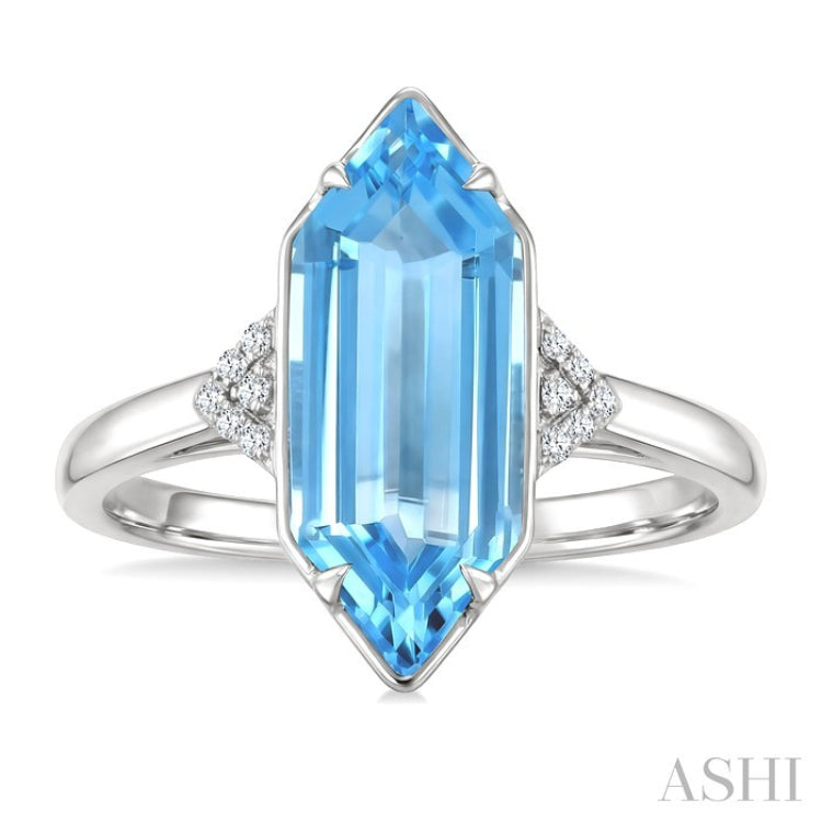 16X6 MM Evoque Gemstones Hexagon Shape Blue Topaz and 1/20 Ctw Round Cut Diamond Semi-Precious Ring in 10K White Gold