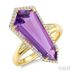 22X9 MM Evoque Gemstones Shield Shape Amethyst and 1/4 Ctw Round Cut Diamond Semi-Precious Ring in 14K Yellow Gold