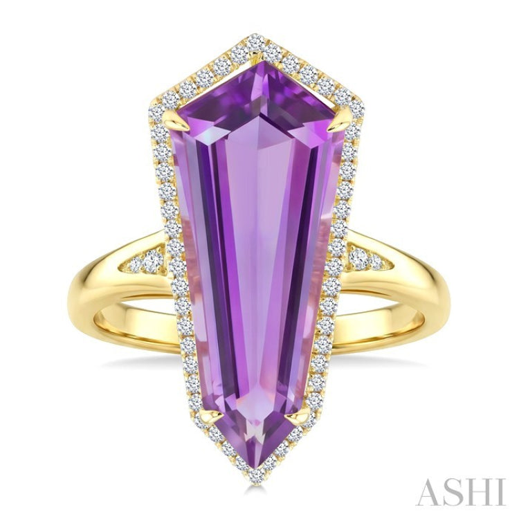 22X9 MM Evoque Gemstones Shield Shape Amethyst and 1/4 Ctw Round Cut Diamond Semi-Precious Ring in 14K Yellow Gold